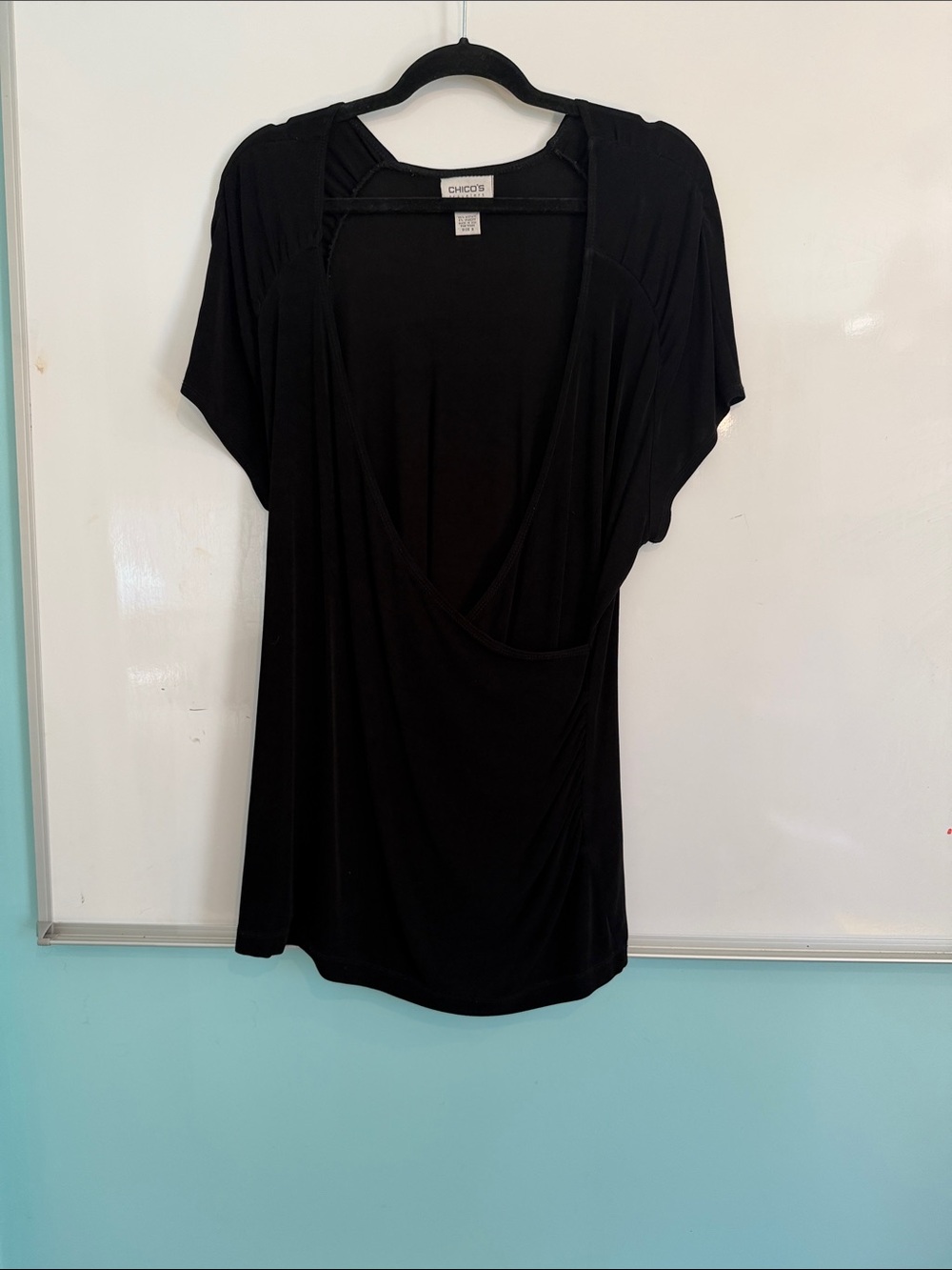 Chico's Black Draped V-Neck Short Sleeve Tunic Top